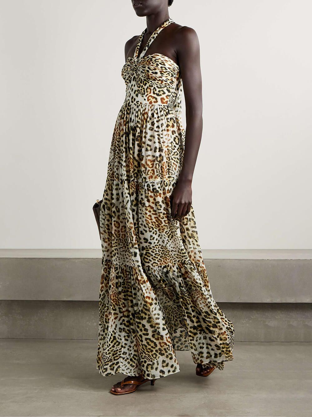 Retro Fierce & Feminine Leopard Print Chiffon Halter Maxi Dress Leopard