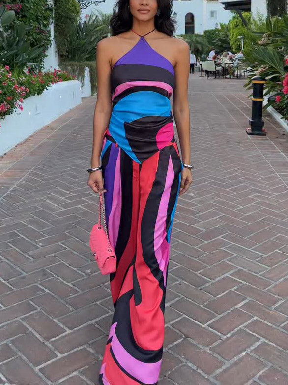 Vibrant Geometric Colorblock Backless Two-piece Suit Multi
