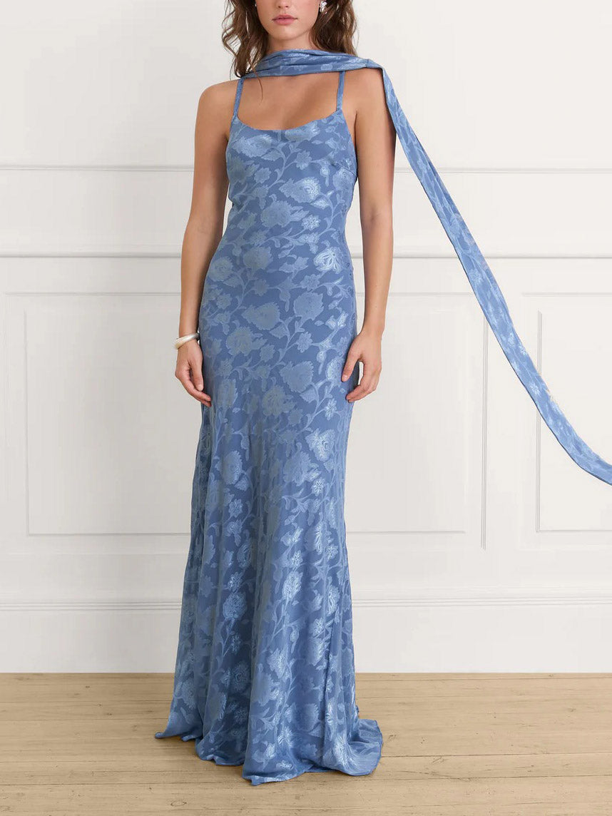 Elegant Satin Jacquard Maxi Dress Blue