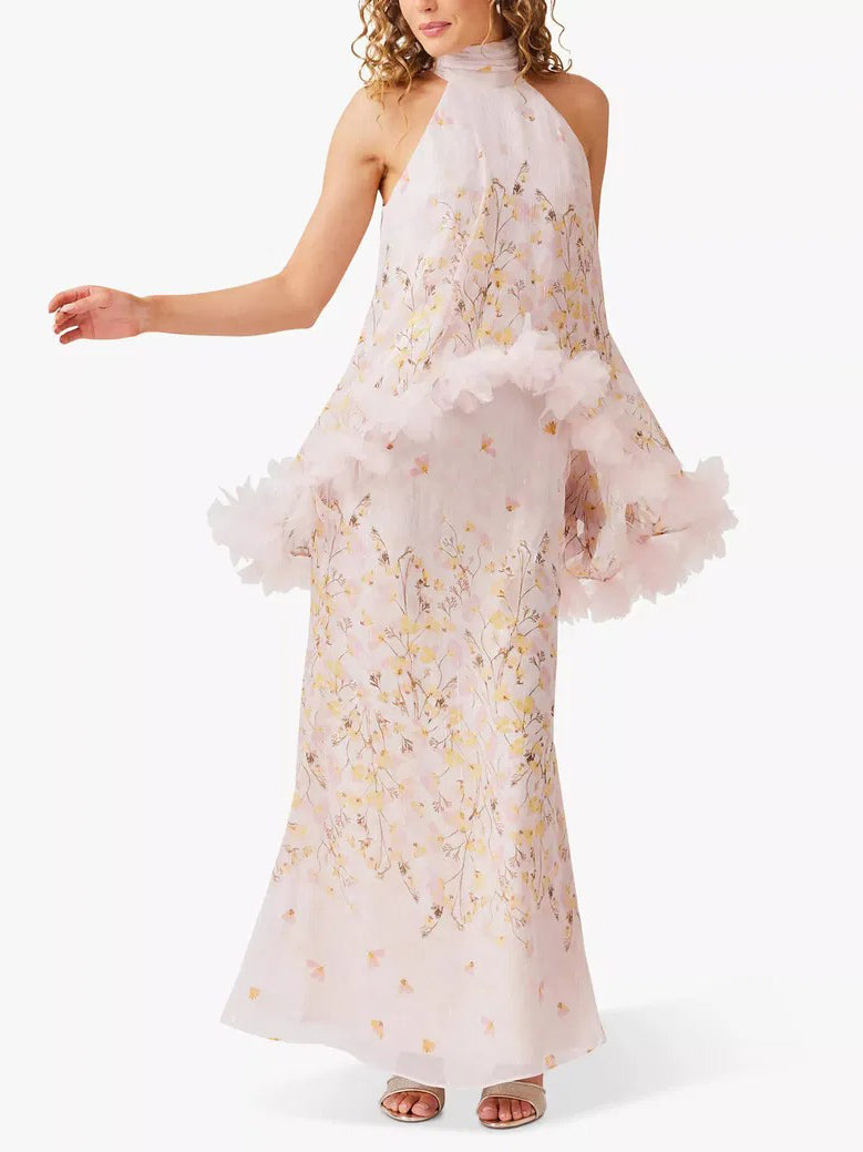 Elegant Floral Print Halterneck Cape Chiffon Top