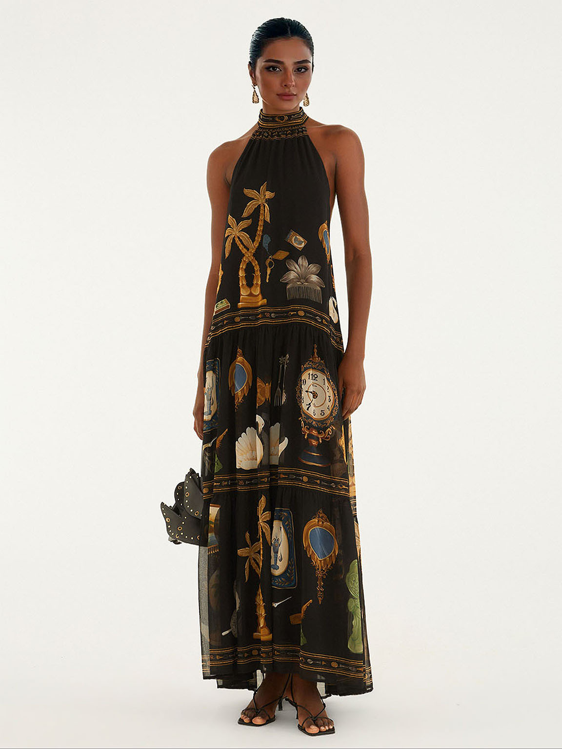 Retro Art Print Backless Layered Maxi Dress Black
