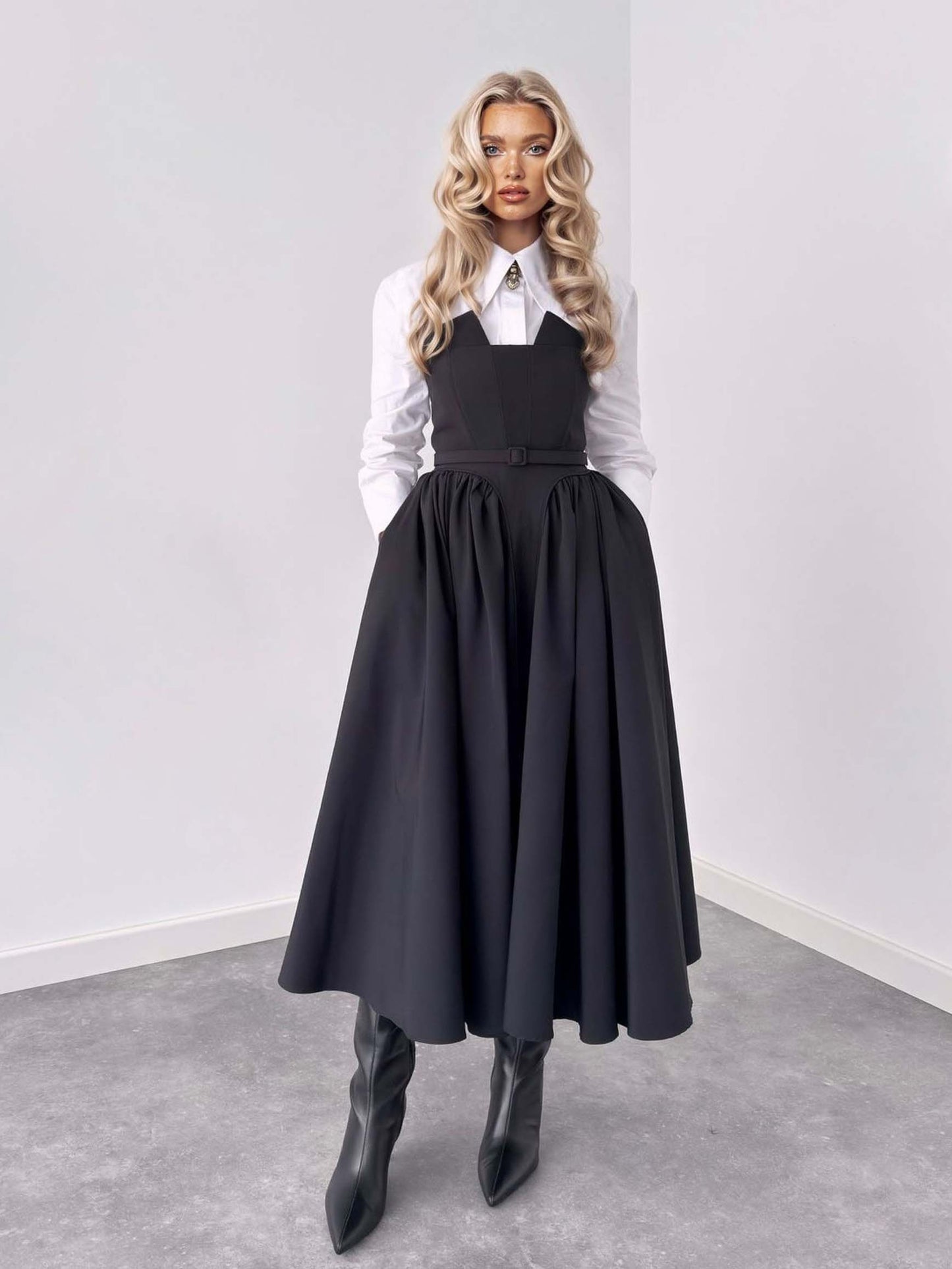 Classic Shirt & Pinafore Midi Skirt Set Black Set
