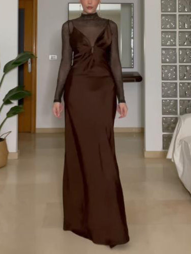 Elegant Sheer High-Neck Long-Sleeve Maxi Dress Brown