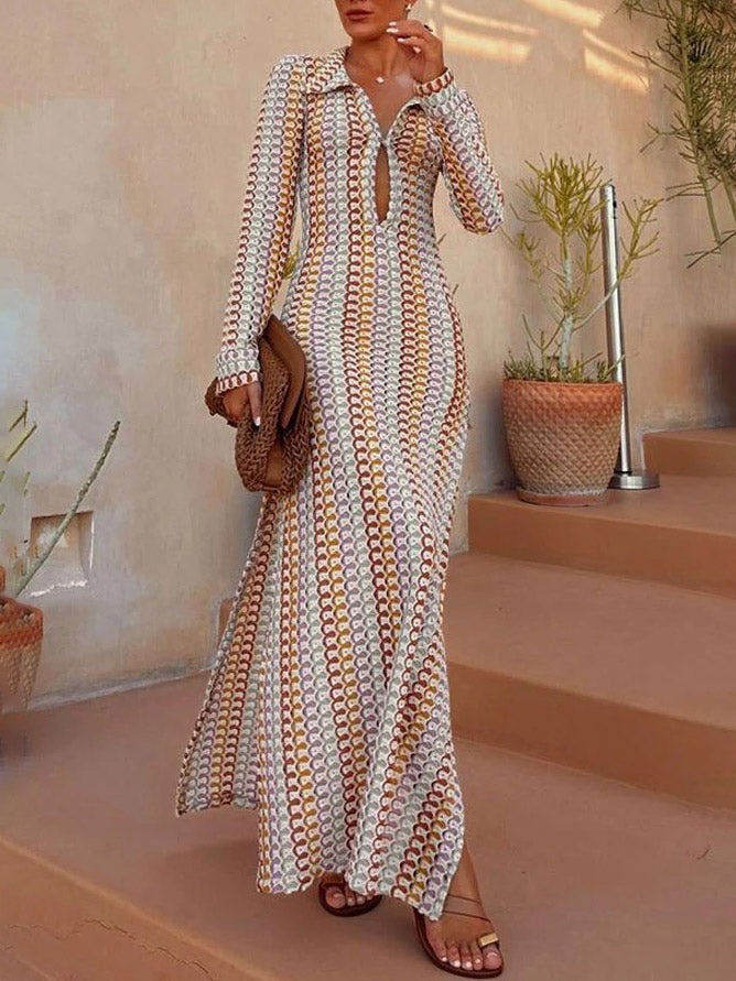 Casual Shirt Collar Slit Wave Stripe Crochet Holiday Maxi Dress Multi
