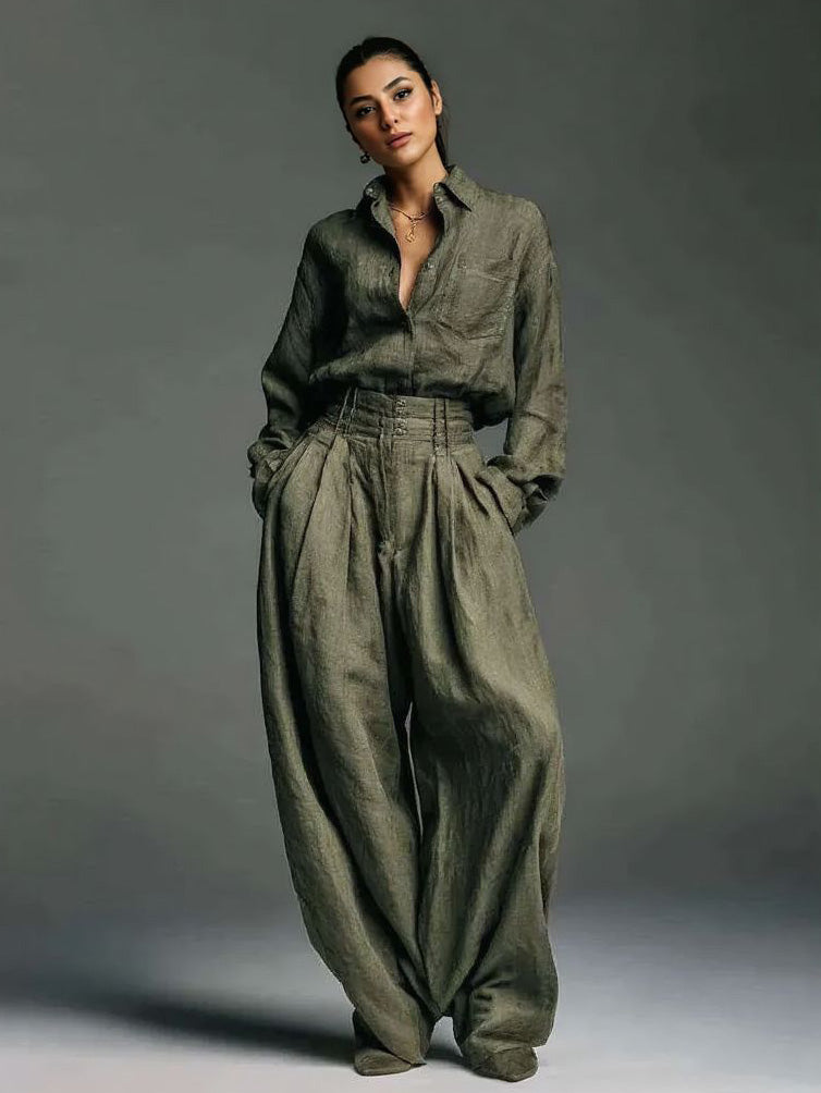 Casual Long-Sleeve Shirt & Wide-Leg Pants Two-Piece Set Green