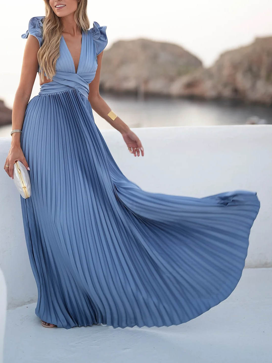 Elegant V-neck Open Back Pleated Ruffle Maxi Dress Blue
