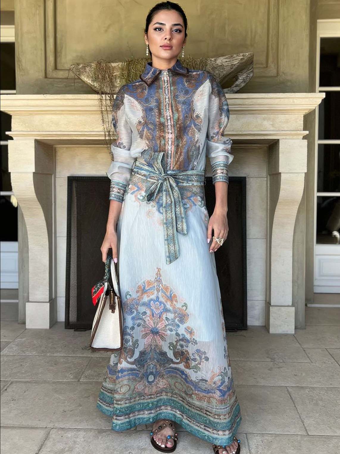Retro Paisley Pattern Self-Tie Belt Long Skirt Multi Set