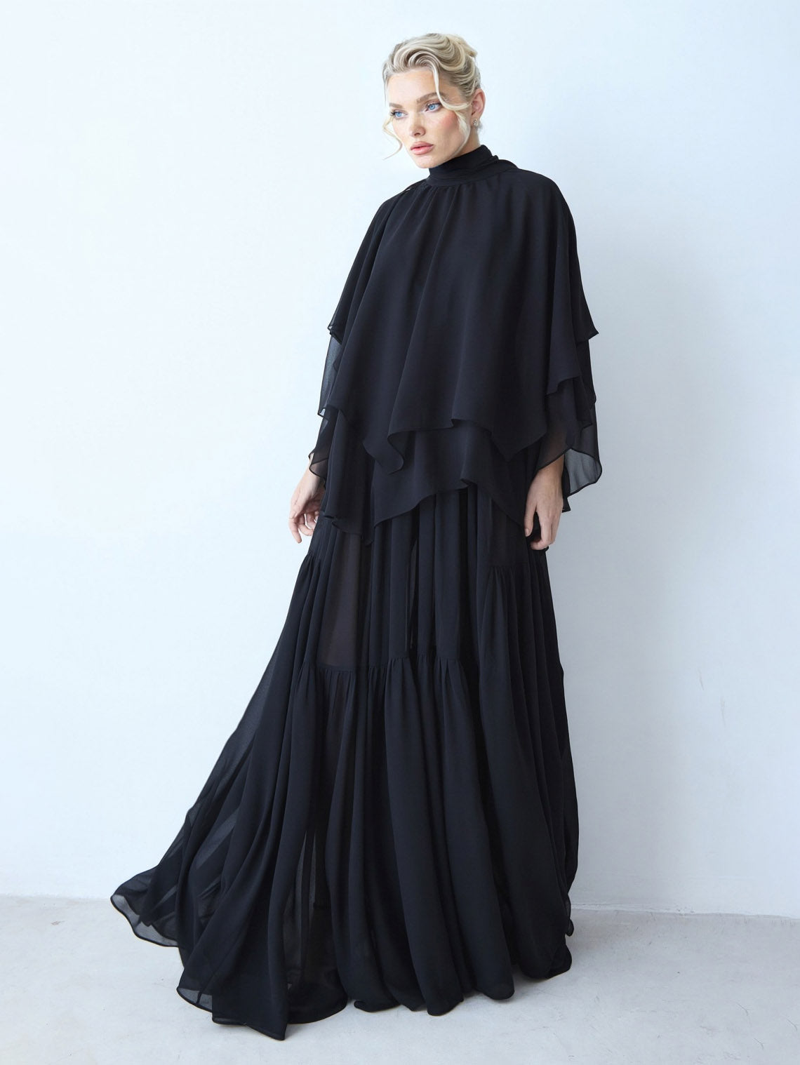 Elegant Chiffon Cape Top And Tiered Maxi Skirt Two-Piece Set Black Set