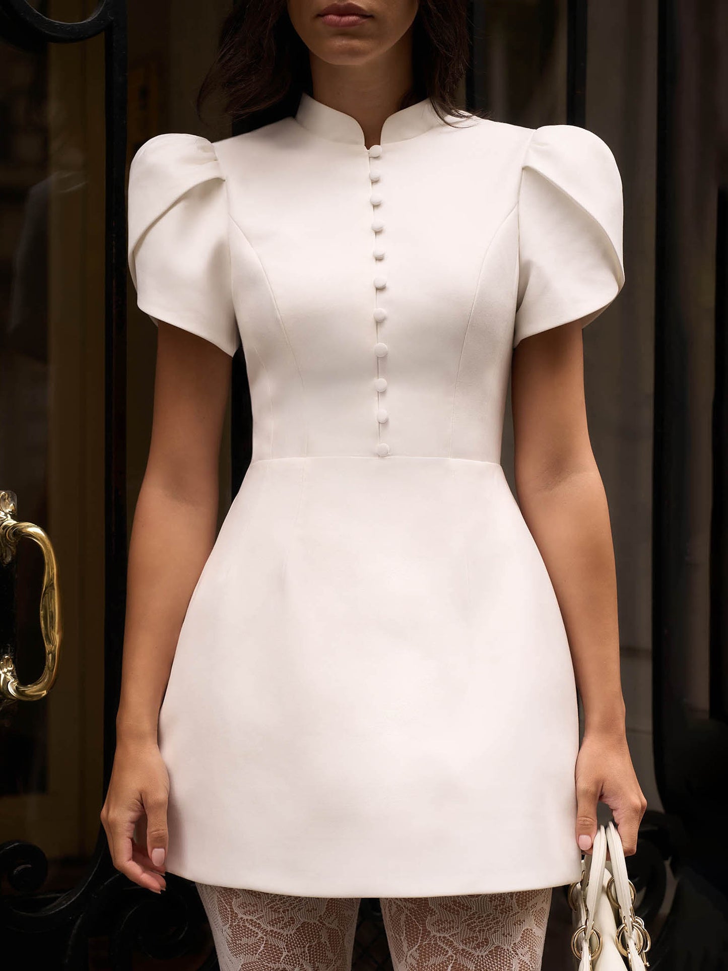 Elegant Turtleneck Button Mini Dress White
