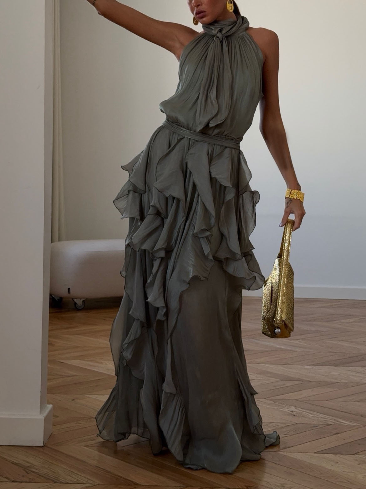 Elegant Halter Neck Ruffle Chiffon Flowy Maxi Dress Dark Green