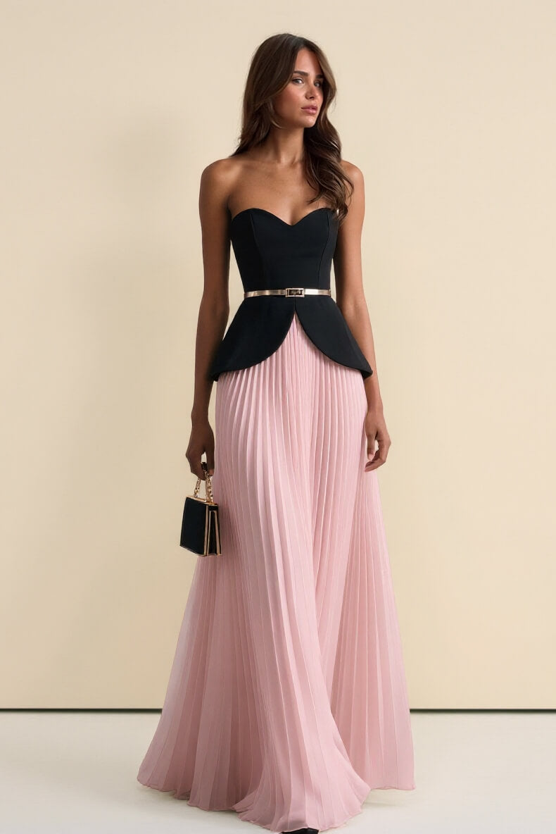 Exquisite Color-Block Sweetheart Neckline Ruched Party Maxi Dress Pink