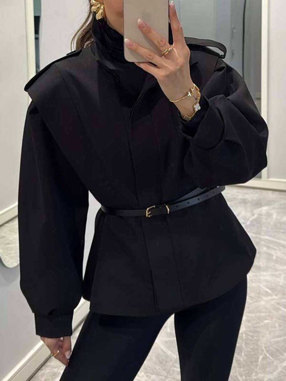 Modern Bold Stand Collar Button-Up Lantern Sleeve Loose Jacket Black