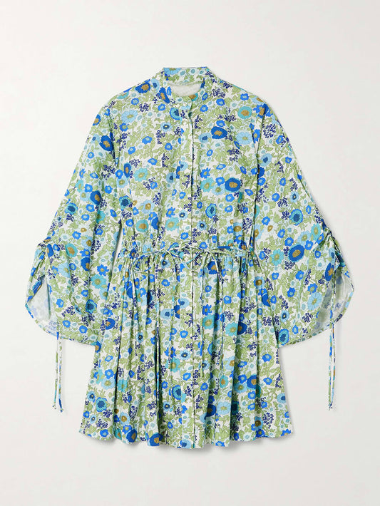 Retro Floral Print Drawstring Waist Mini Dress