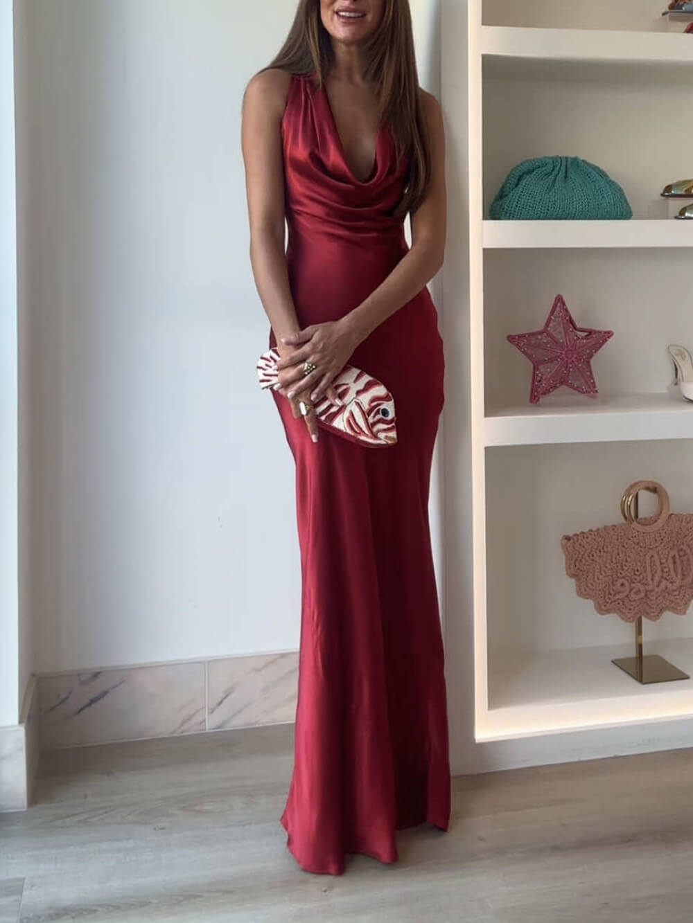 Elegant Pleated Stacked V-Neck Backless Party Maxi Dress Red