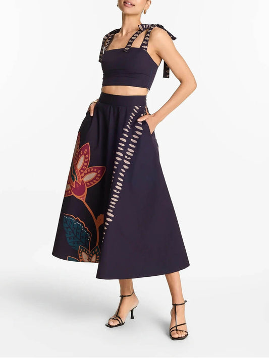 Exquisite Square-Neck Bow Tank Top And Printed A-Line High-Waist Midi Skirt Set