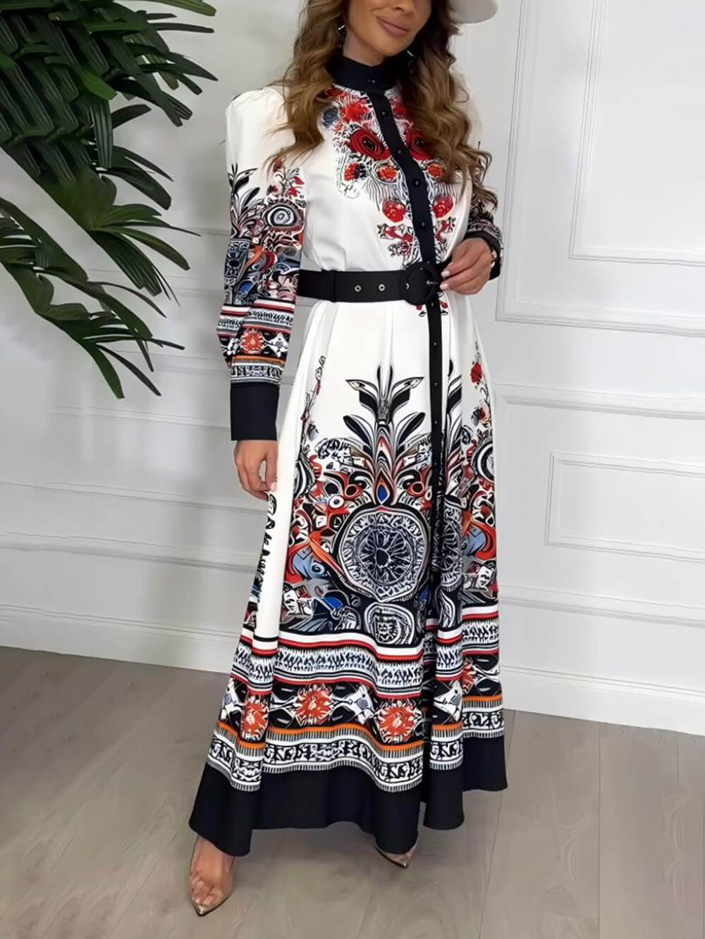 Unique Ethnic Pattern Print Loose Waist Maxi Dress White