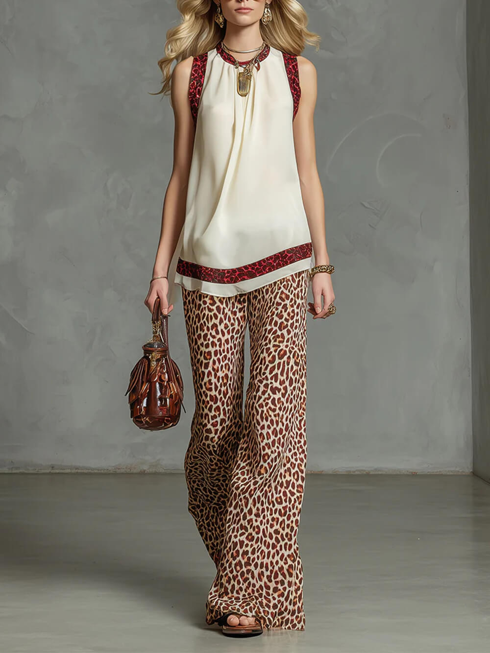 Fashion Leopard Print Elastic Waist Wide-Leg Pants
