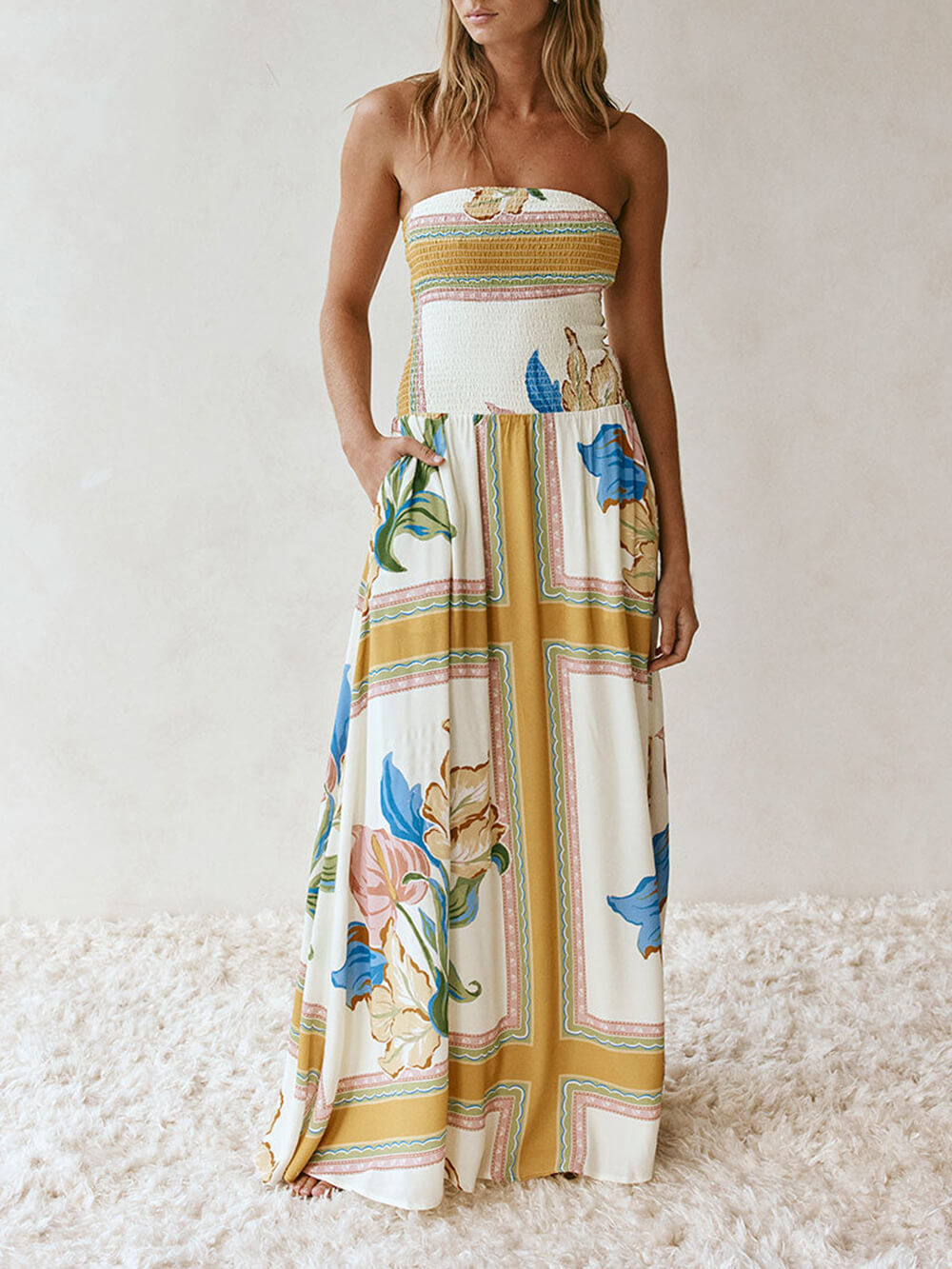 Elegant Off-Shoulder Printed Ruched A-Line With Pockets Maxi Dress Yellow