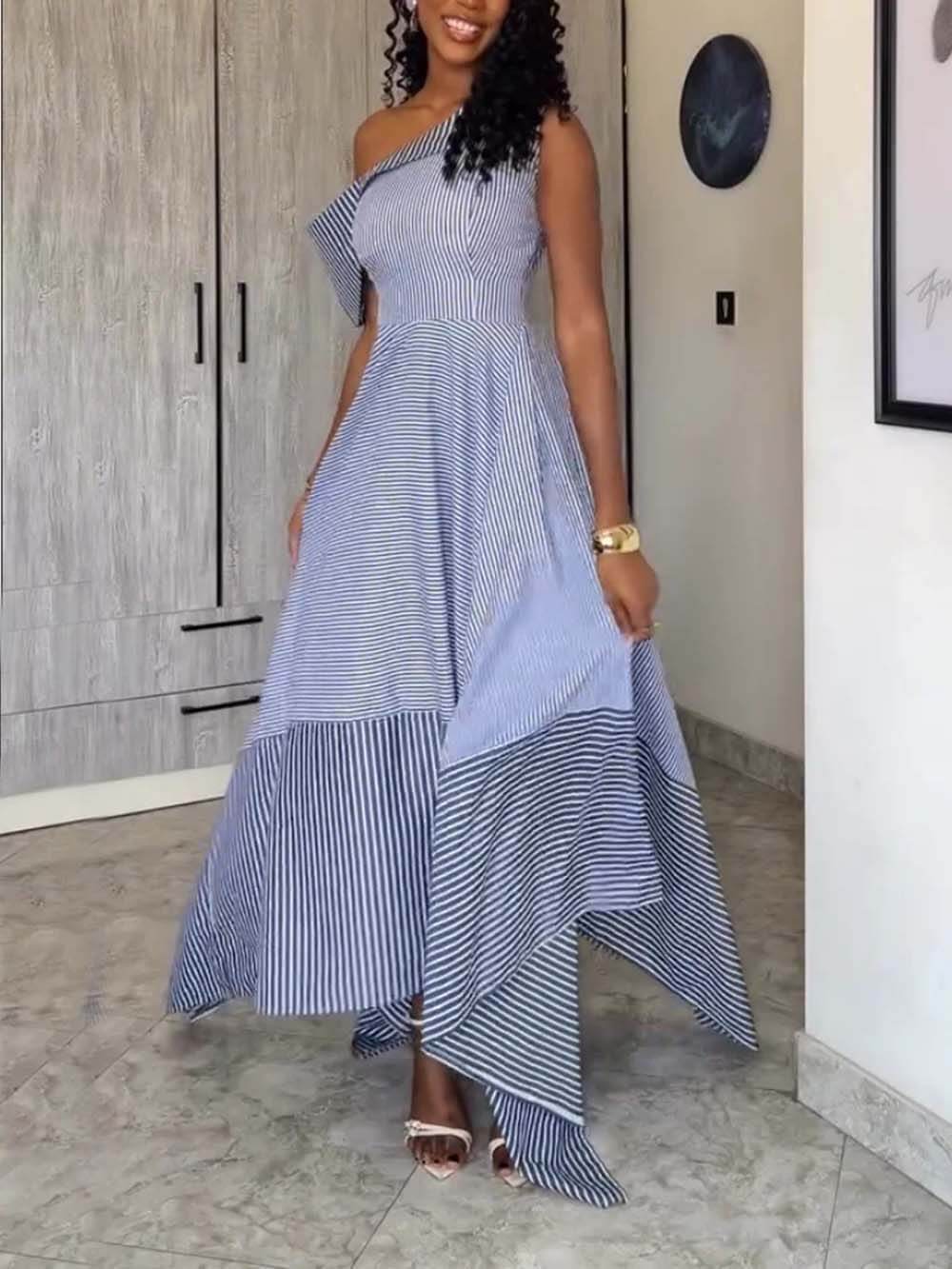 Classic Stripe Print One-Shoulder Asymmetrical Maxi Dress Blue
