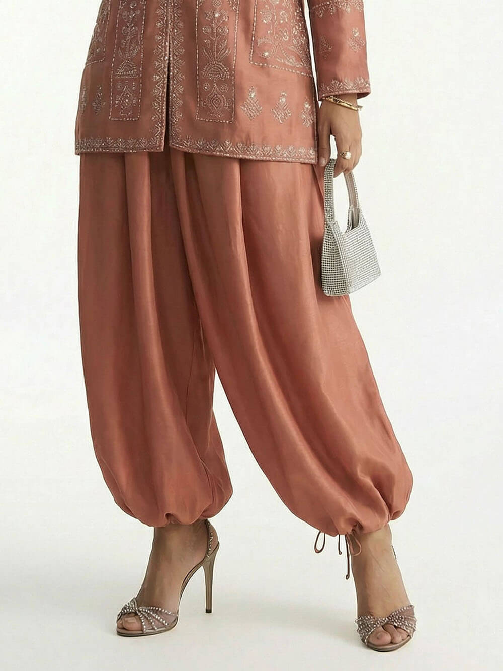 Exquisite Elastic Waist Satin Tapered Lantern Pants Pink