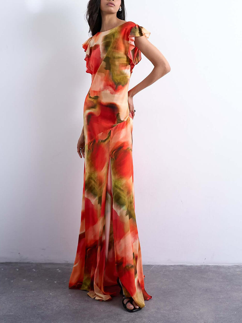 Unique Abstract Floral Print Draped Back Flowing Sleeves Maxi Dress Multicolor