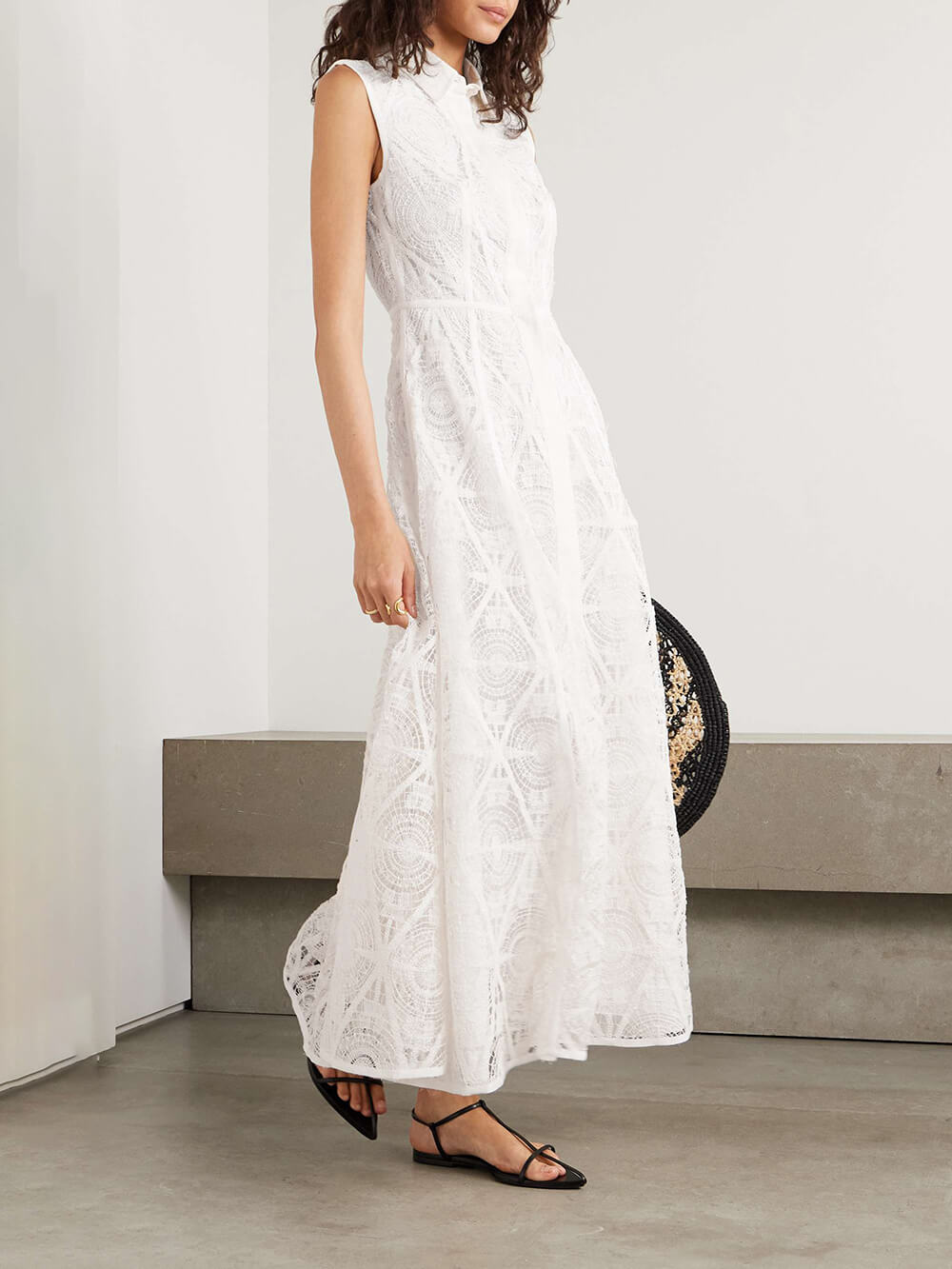 Exquisite Guipure Raised Floral Lace Maxi Shirt Dress Off-white