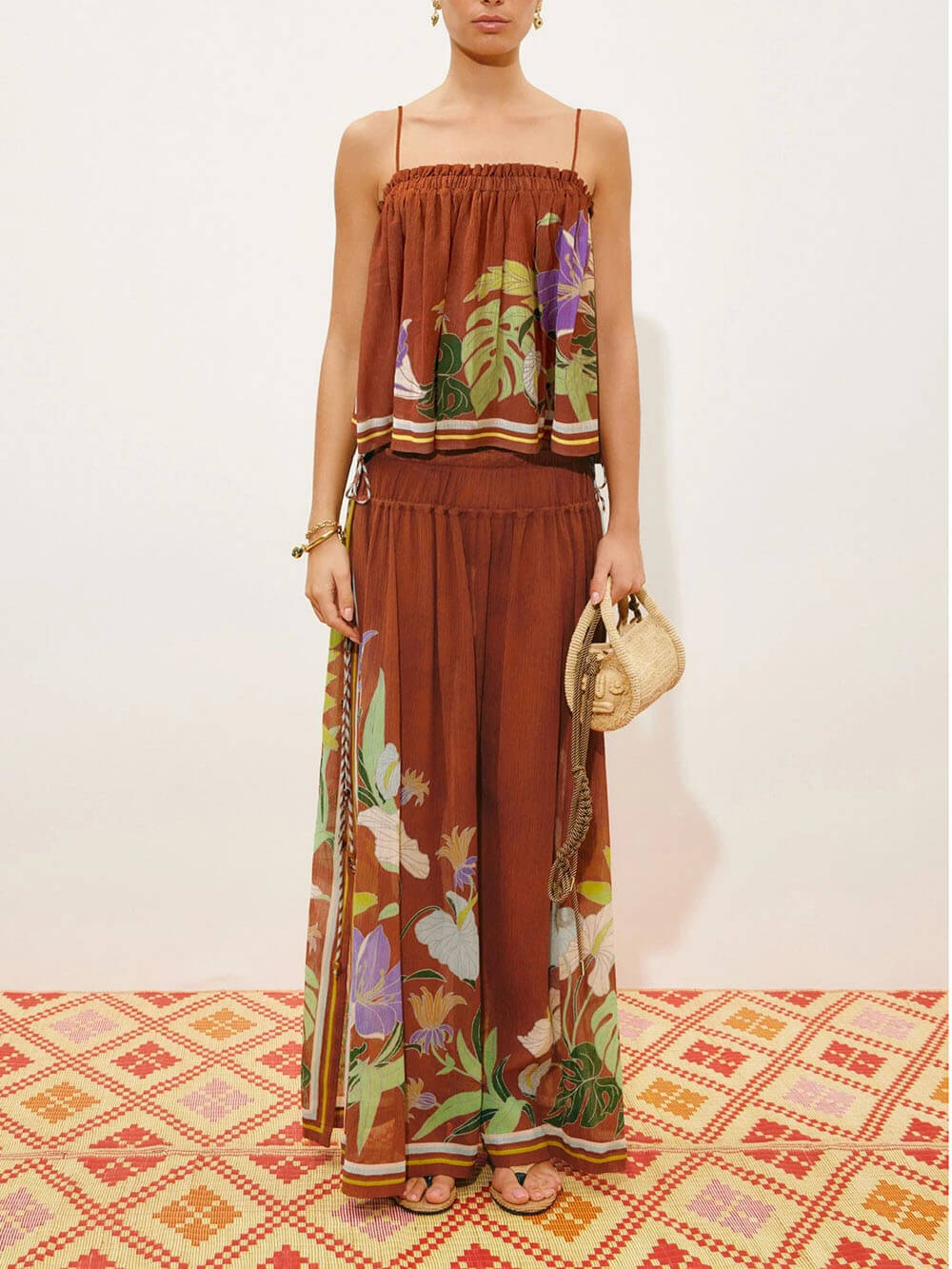 Exquisite Ruffled Adjustable Strap Camisole with Drawstring Slit Wide-Leg Pants Set Brown
