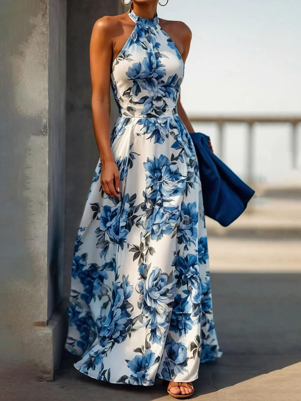 Elegant Floral Print Halter Neck Holiday Style Slim Maxi Dress Blue
