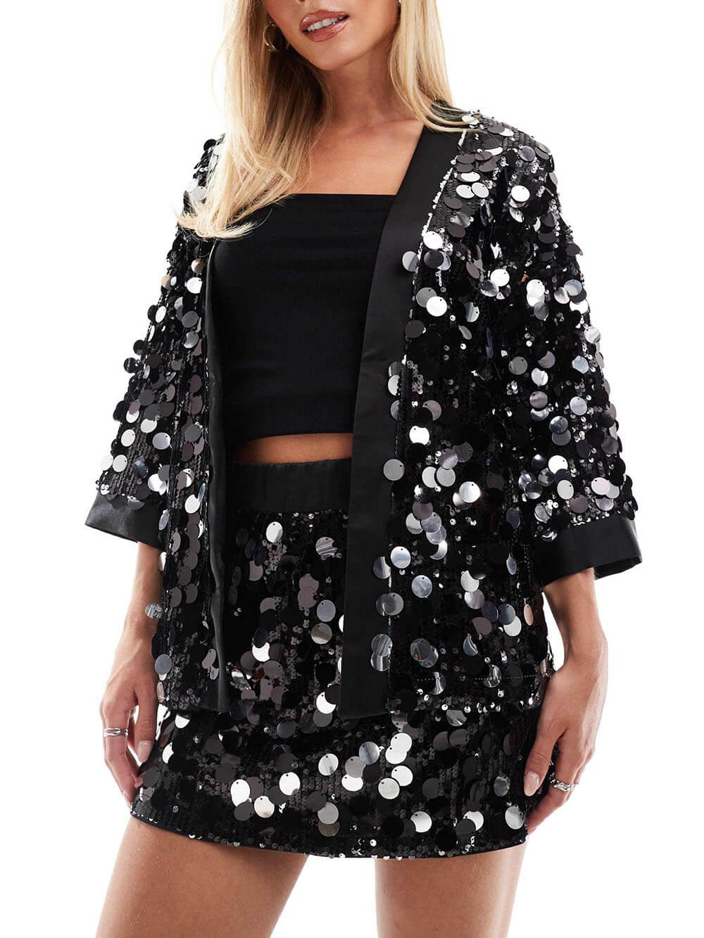 Sequined Black Disco Kimono Jacket and Mini Skirt Set Black