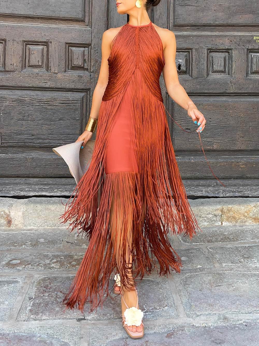 Fashion Elegant Sleeveless Halter Neck Tassel Slim Maxi Dress Red