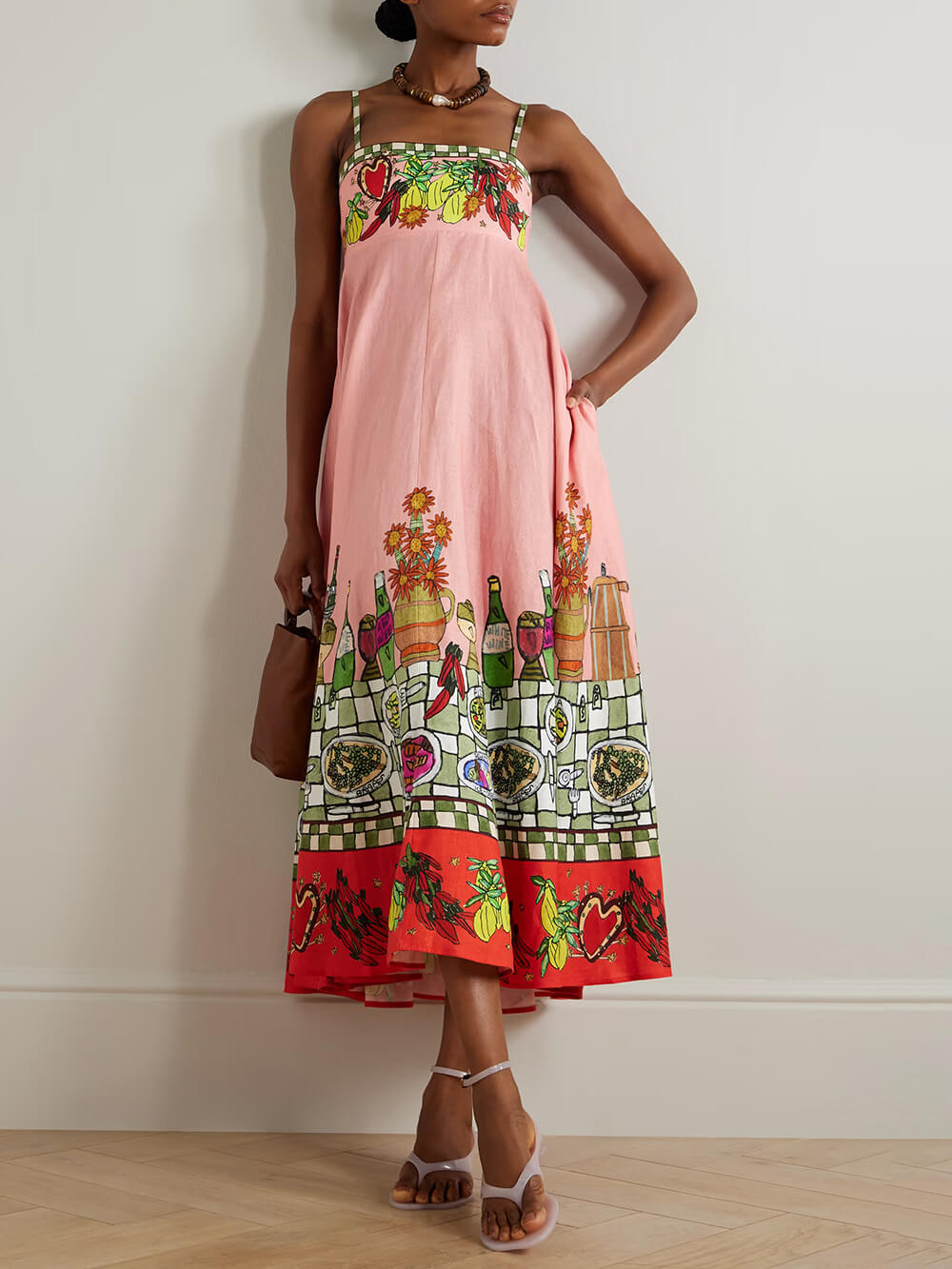 Unique Print Off-Shoulder Linen Midi Dress Pink