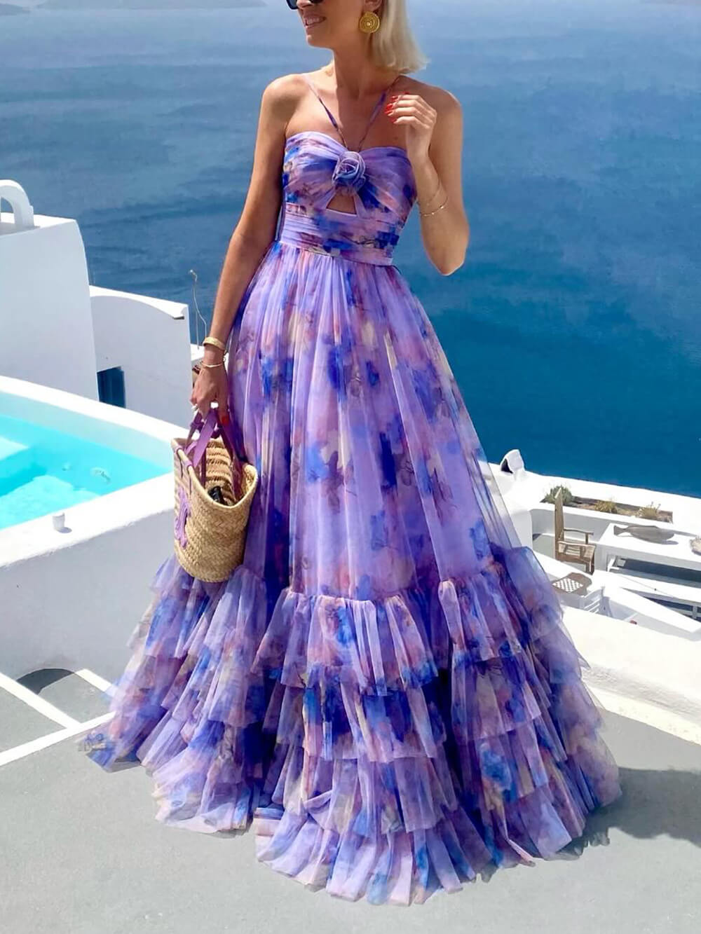 Elegant Floral Print Chiffon Layered Halter Maxi Dress Purple