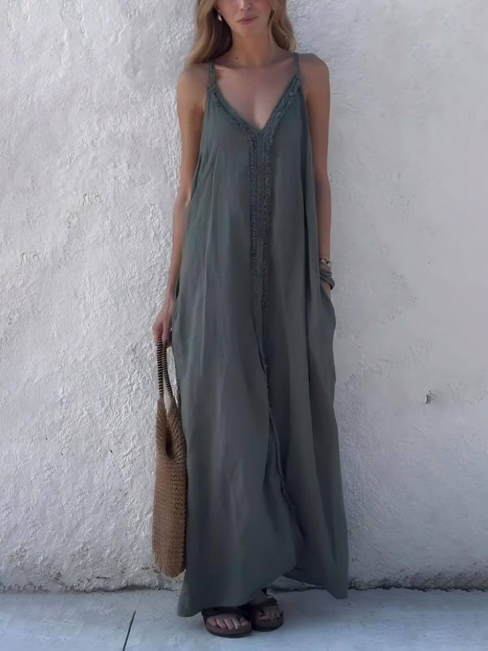 Modern Unique Lace Decoration V-Neck Suspender Maxi Dress Dark Green