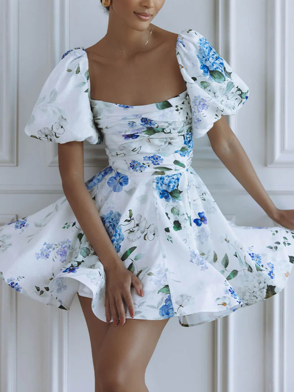 Delicate Floral Print Puff Sleeve Linen Mini Dress Blue