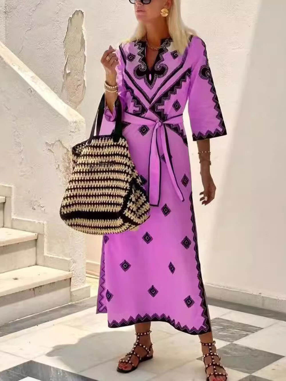 Bohemian Style Unique Print Belted Midi Dress Rose Red