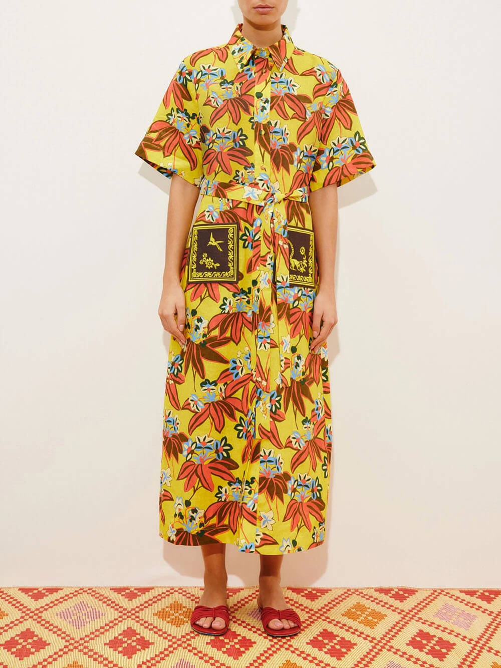 Unique Floral Print Midi Shirtdress Yellow