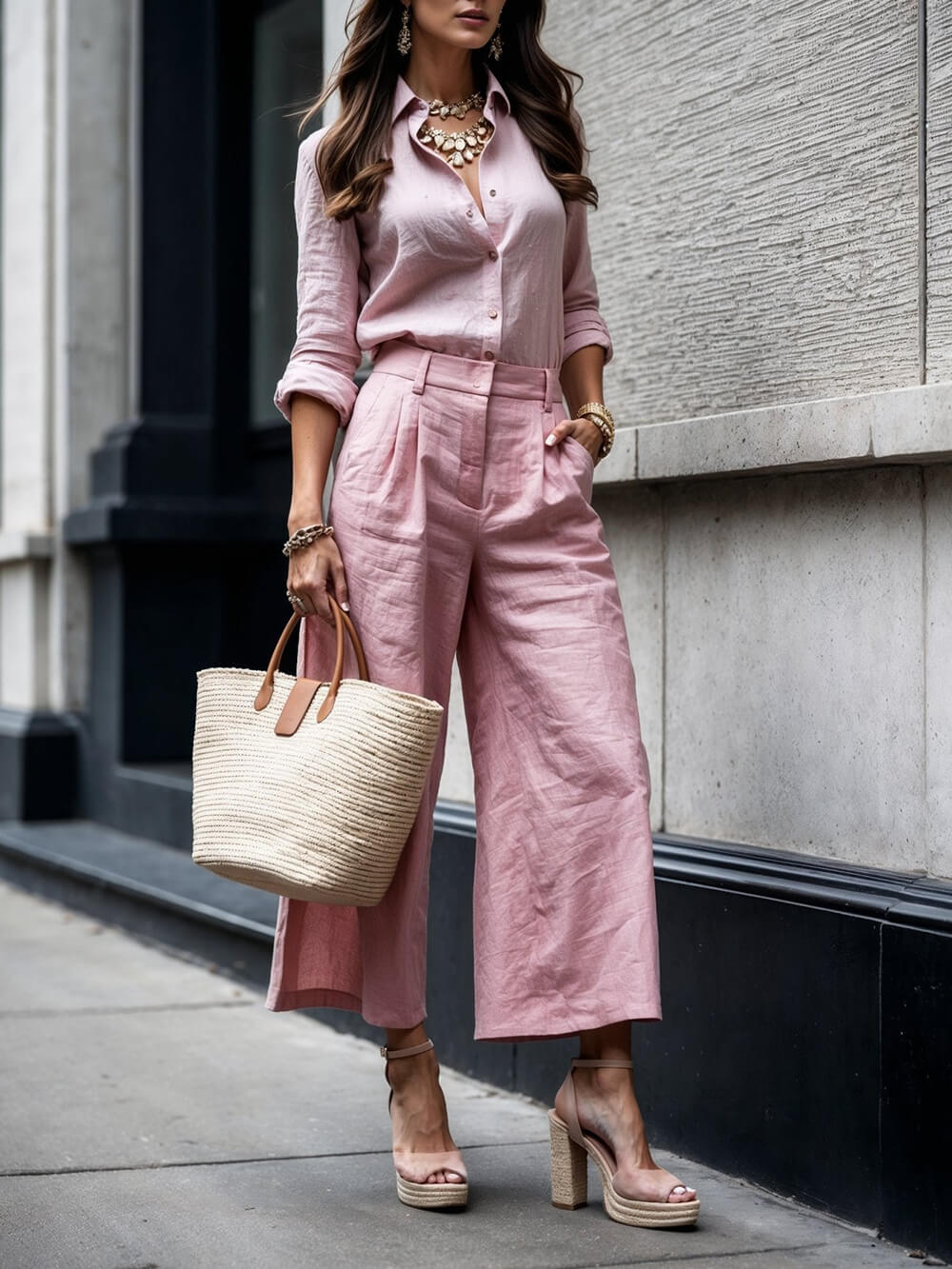 Casual Linen Long-Sleeve Loose Shirt Wide-Leg Cropped Pants Set Light Pink