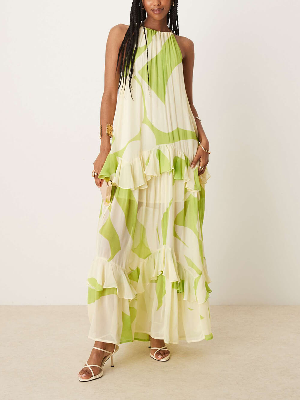Exquisite Abstract Print Backless Tiered Ruffle Maxi Dress Green