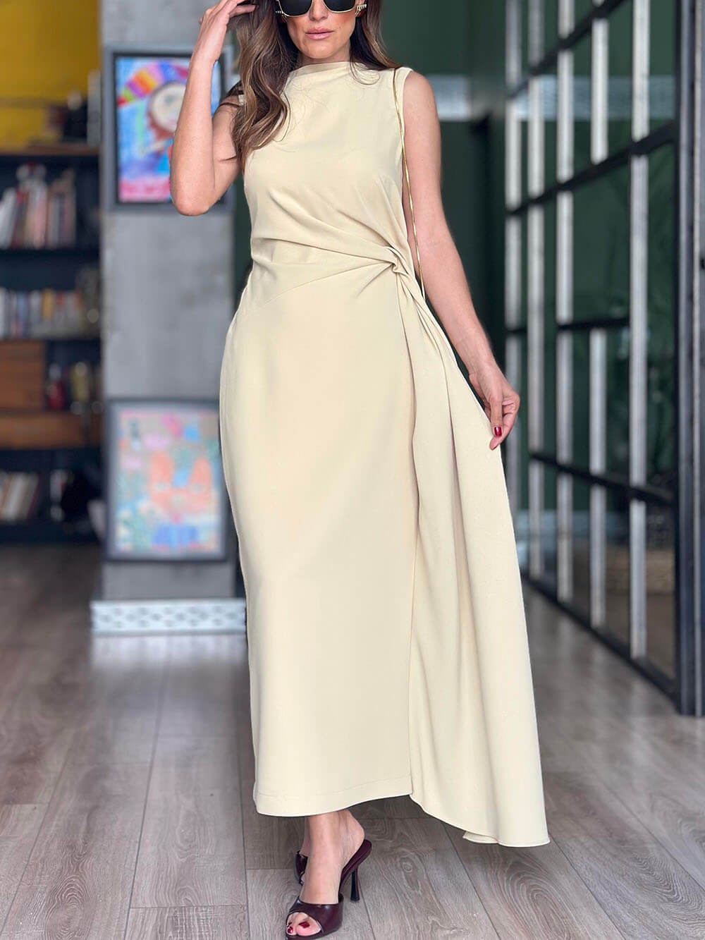 Exquisite Romantic Night Unique Pleated Back Slit Maxi Dress Apricot