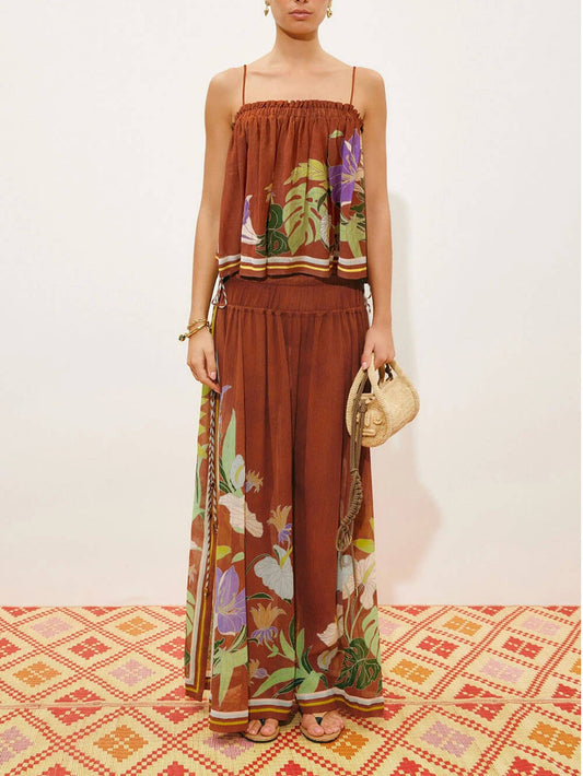 Delicate Ruffle Printed Ruched Adjustable Straps Camisole Top