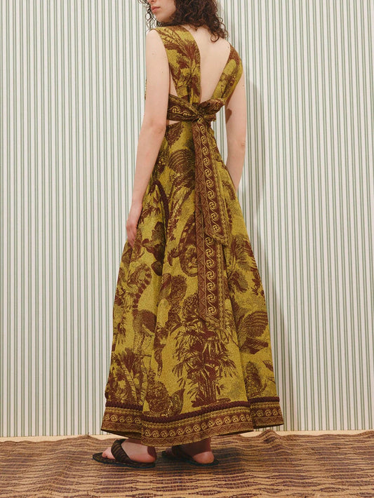 Delicate Printed Cut-Out Patchwork Knit Maxi Dress