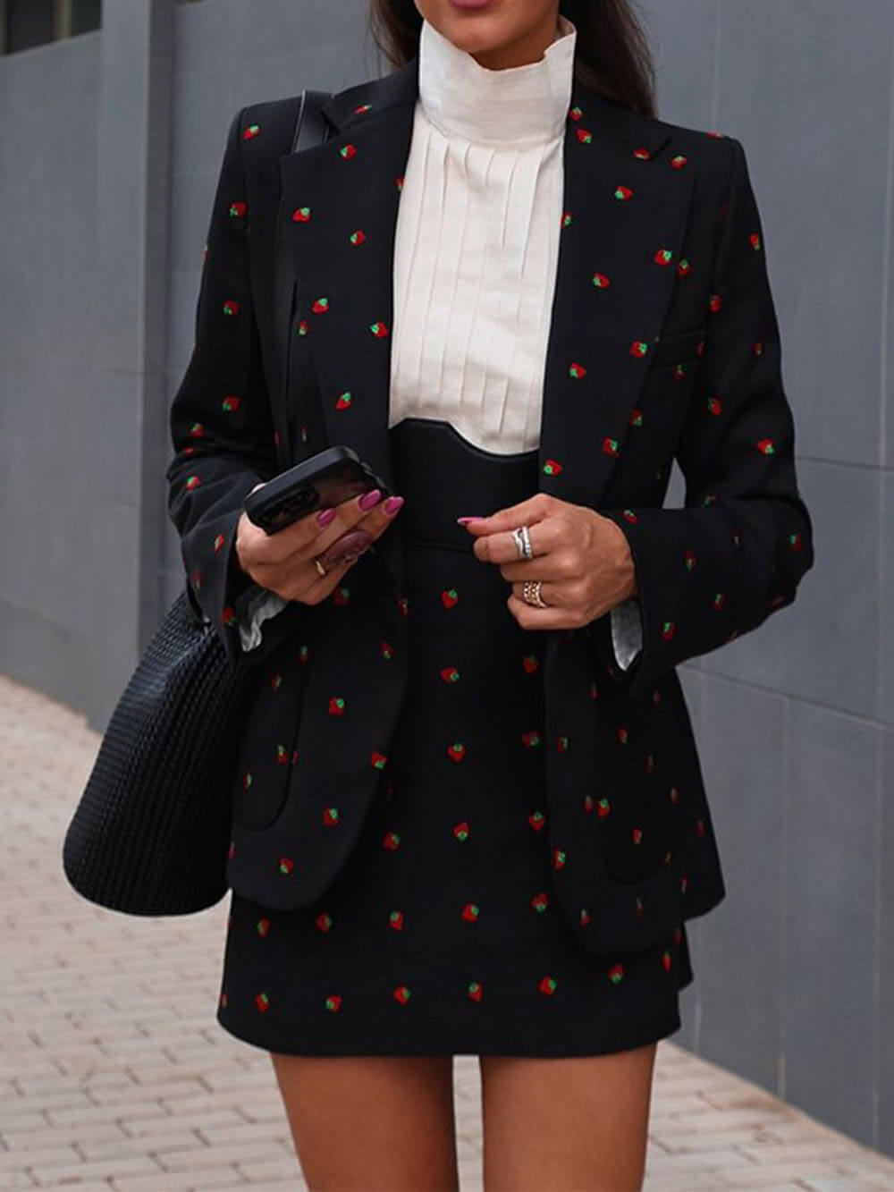 Fashionable And Unique Strawberry Print Slim-Fit Suit Jacket And Skirt Set Black