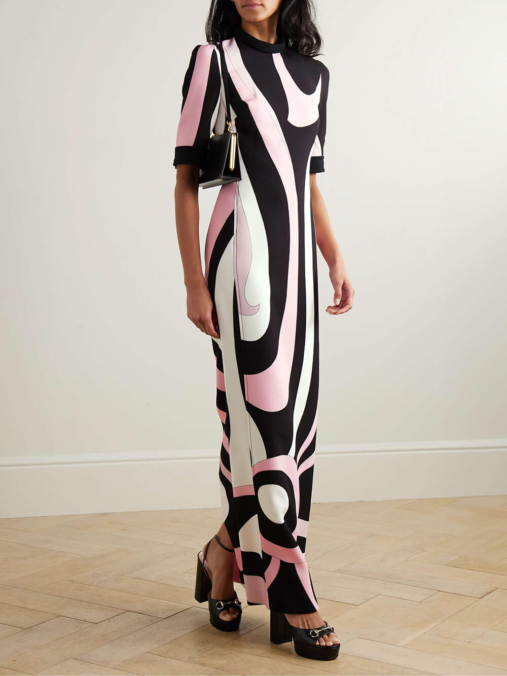 Retro-Inspired Unique Printed Satin Crinkle Maxi Dress Pink
