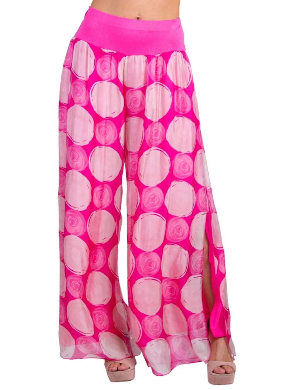 Bohemian Swirl Dot Print Elastic Waistband and Hem Side Slits Slits Pants