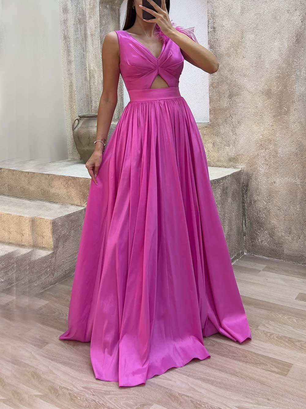 Exquisite Fashionable Waist Detail Feathered Evening Dress Pink