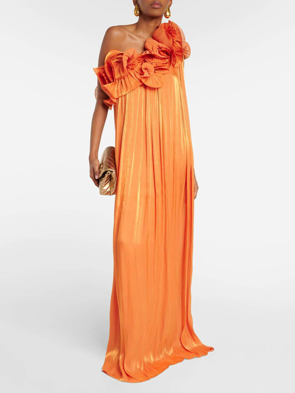Romantic Moment Unique One Shoulder Applique Ruffle Pleated Dress Orange
