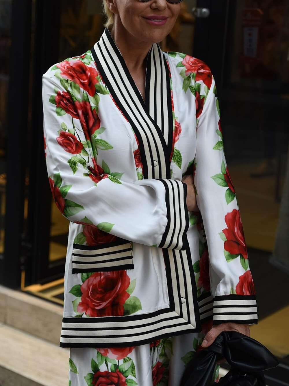 Exquisite Rose Print Ribbon-Trimmed Detail Loose Pocket Shirt White
