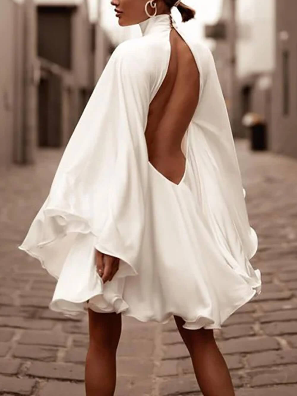 Elegant High-Neck Backless Bell-Sleeve Mini Dress White