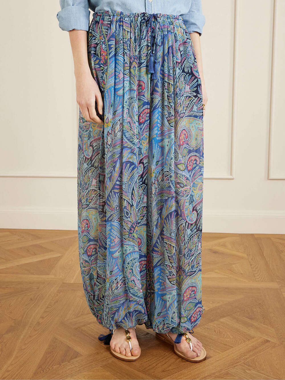 Exquisite Printed Crepe Wide-Leg Pants Blue