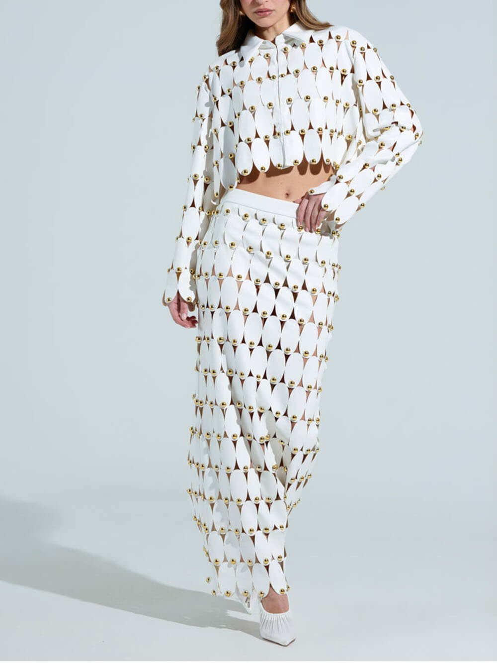 Exquisite Cut-Out Studded PU Cropped Cardigan Top And Maxi Skirt Set White